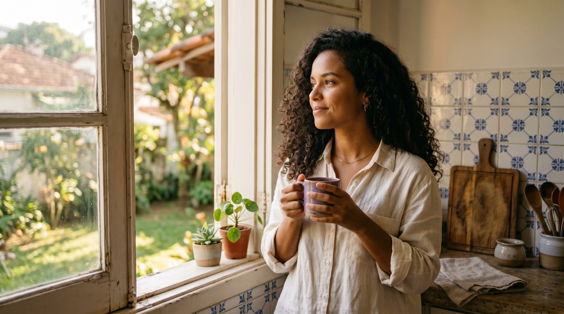 Mulher em ambiente de cozinha ao amanhecer, com xícara na mão e luz de janela