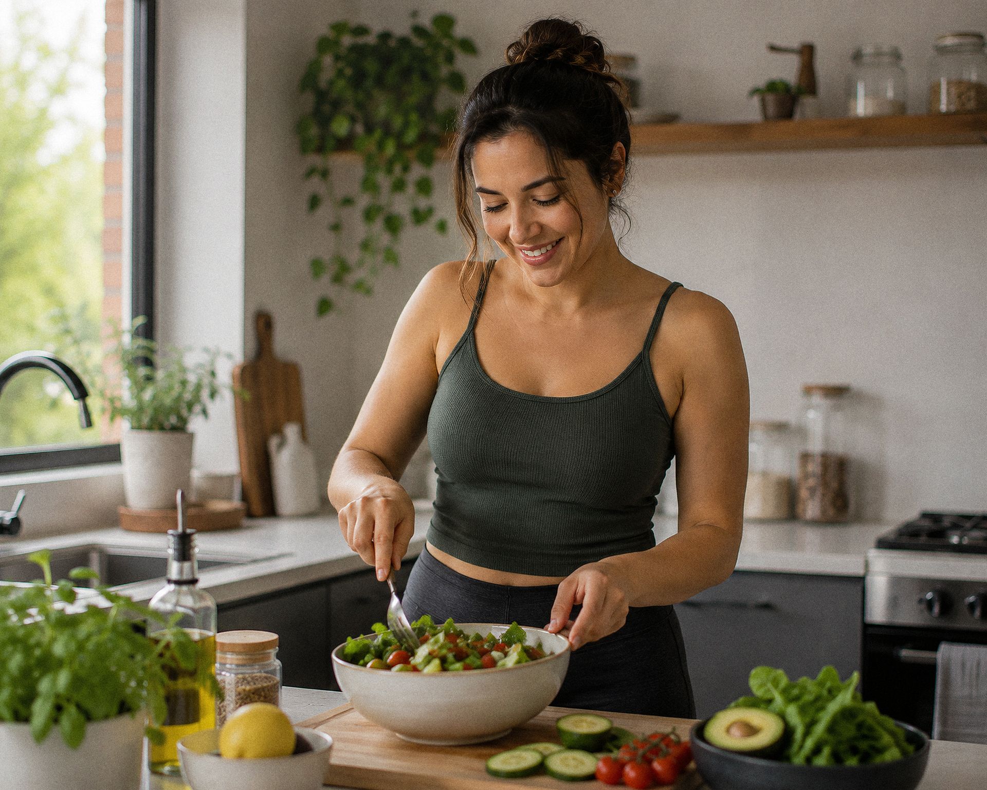Mulher preparando uma salada na cozinha de casa, com luz de janela