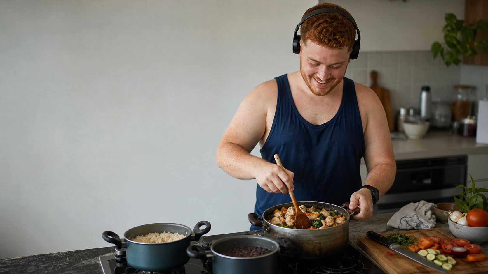 Homem sorrindo enquanto cozinha em casa, mexendo uma panela de frango com legumes